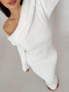 SHEIN MOOSTA Sexy Solid Color Asymmetric Collar Long Sleeve Sweater Dress - White - View 5