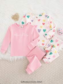 Cozy Pixies 4 件套女婴舒适睡衣套装，彩色心形印花柔软针织圆领长袖上衣和紧身裤，适合春、夏、秋、冬、情人节礼物 - 彩色 - 查看 4