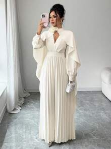 Selianne 女士优雅两件套：高品质披肩领上衣和 3D 花卉阔腿连体裤 - 杏色 - 查看 6