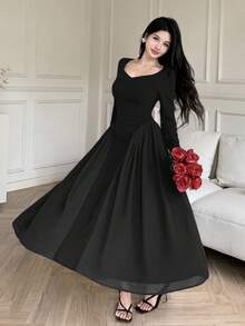 Feyla 女士优雅收腰 A 字形连衣裙 - 黑色 - 查看 2