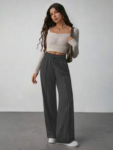 SHEIN Tall Solid Drawstring Waist Wide Leg Sweatpants - Dark Grey - View 4