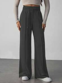 SHEIN Tall Solid Drawstring Waist Wide Leg Sweatpants - Dark Grey - View 5