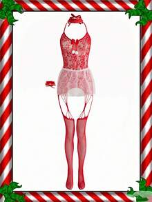 Women's Backless Halter Jumpsuit Lingerie Costume - Red and White - View 5