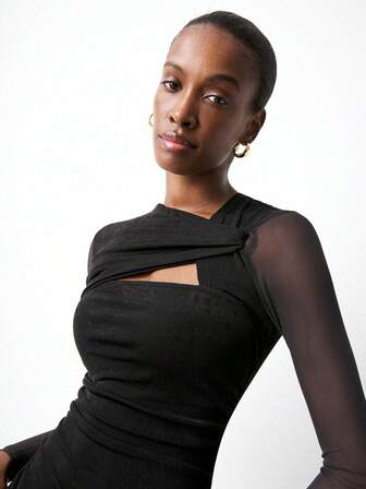 Maija 2026 Women's Solid Color Asymmetric Neck Ruffle Elegant Twist Midi Dress With Mesh Long Sleeves, Women's Long-Sleeved Twisted Mesh Dress, Winter Dress , Winter Dresses For Women, Cozy Fall And Winter Clothes For Women, Women Dresses Autumn Winter, One-Piece Dress Ladies Autumn Winter, Christmas Party Dress, New Year Dress, New Year Outfit, New Year Women's Clothes, New Year Look, Thanksgiving Outfit For Women, Elegant Dresses For Party, Party Dresses For Women, Elegant Dress For Women, Elegant Dresses , Elegant Dresses For Ladies, Black Dress, Black Corset Dresses, Black Dresses For Women