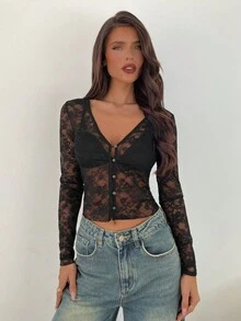 Aloruh Women's Deep V-Neck Black Lace Sheer Long Sleeve T-Shirt, Autumn/Winter - Black - View 9