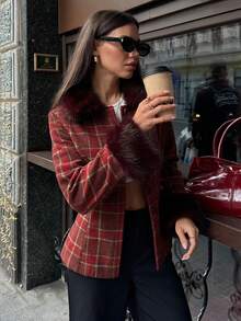 Aloruh 女式圣诞格纹印花修身仿皮草拼布夹克，女式秋冬外套 - 彩色 - 查看 7