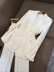 Franclia Women's Minimalist White Long Sleeve Blazer And Flared Pants Set