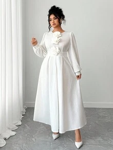 Elenzga Plus Size Women Elegant White Silky Midi Dress For Civil Wedding Bride,Autumn Textured Lace Lantern Sleeve Round Neck With 3D Floral Decor At Chest - White - View 3