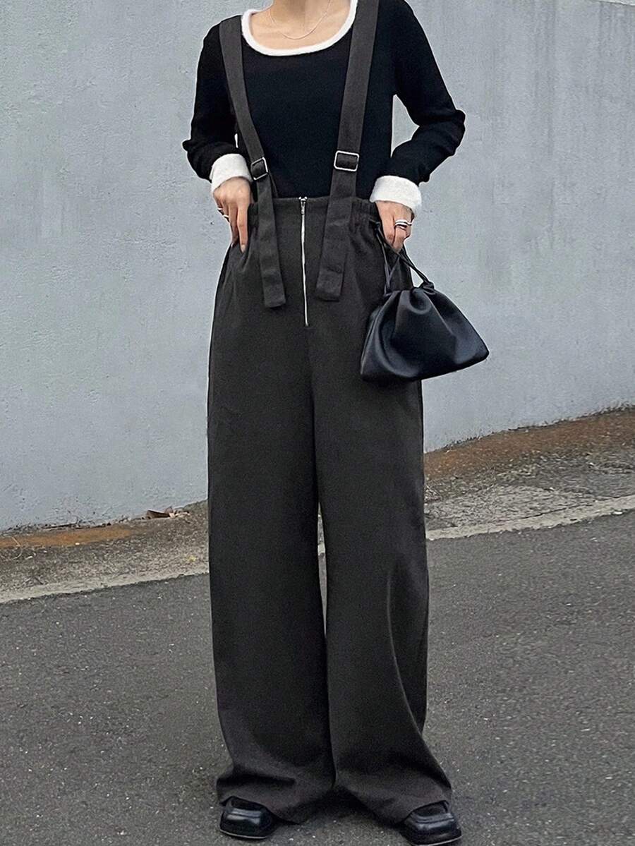 FRIFUL Women's Solid Color Straight Loose Casual Jumpsuit - Dark Grey - View 1