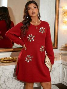 EMERY ROSE 大码女式纯色针织圆领亮片刺绣休闲优雅毛衣裙，适合圣诞节、万圣节、返校、浪漫度假、办公室穿着 - 紅色 - 查看 3