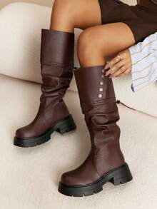 Daringsoles Kozaki na platformie z grubą podeszwą, sięgające do kolan, elastyczne buty, modne buty na grubym obcasie z okrągłym noskiem, uniwersalne buty damskie - Brązowy - Zobacz 3