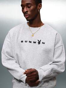 PLAYBOY X SUMWON Oversized Crew Neck Sweatshirt With Logo Print Casual Comfort Winter Fall Layering Essential - Grey - View 4