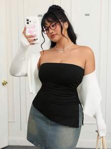 CovetEZ Kích thước lớn Đen Xếp li Khe Quây Đan Co giãn Áo - màu đen - Xem 3