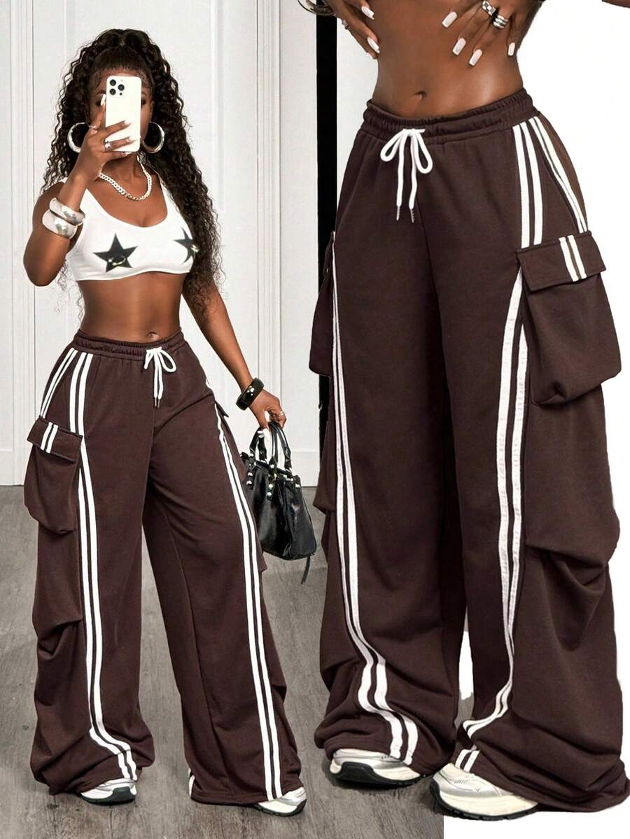 BamGleam 复古条纹撞色运动裤，带褶皱口袋，宽松休闲羊毛运动裤，适合秋季 - 棕色 - 查看 1