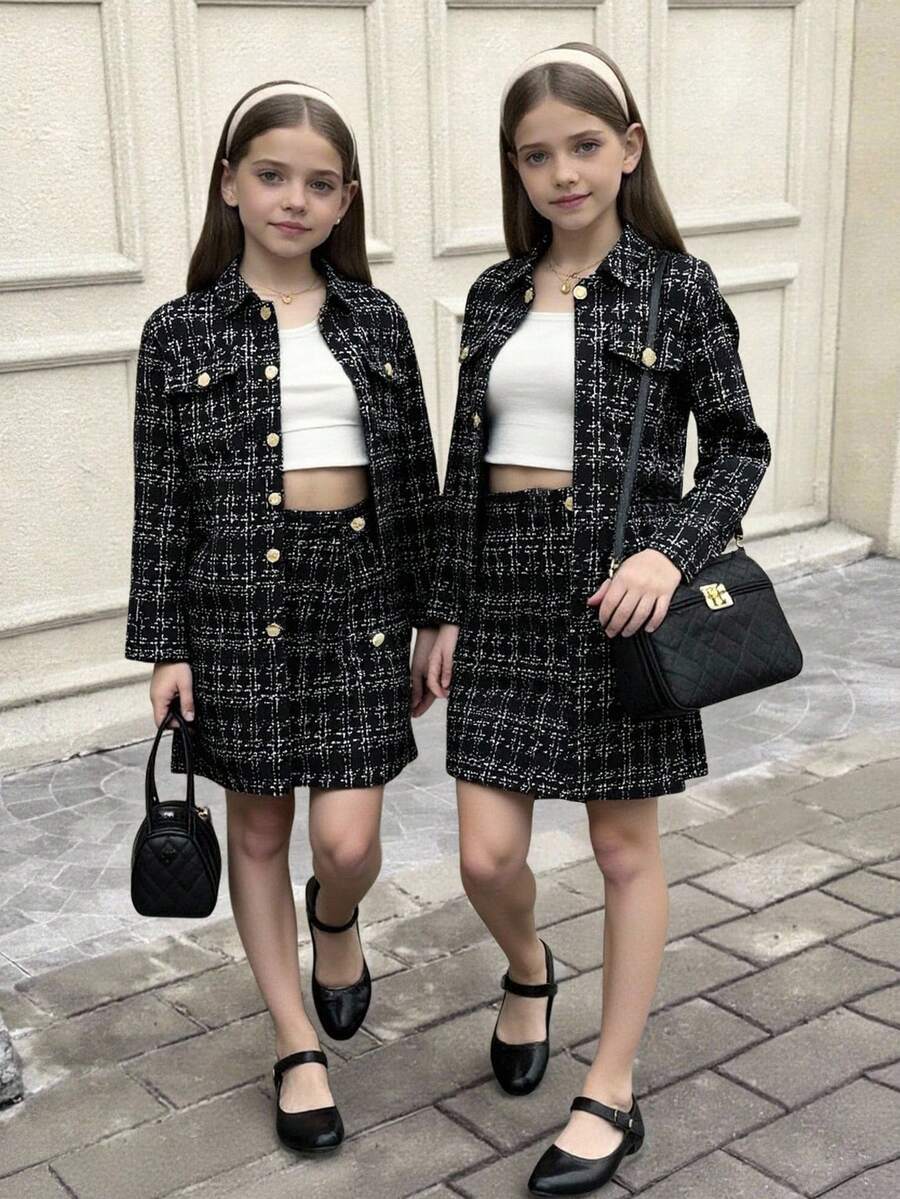 SHEIN Tween Girl Flap Pocket Tweed Jacket And Double-Breasted Mini Skirt Set - Black - View 1