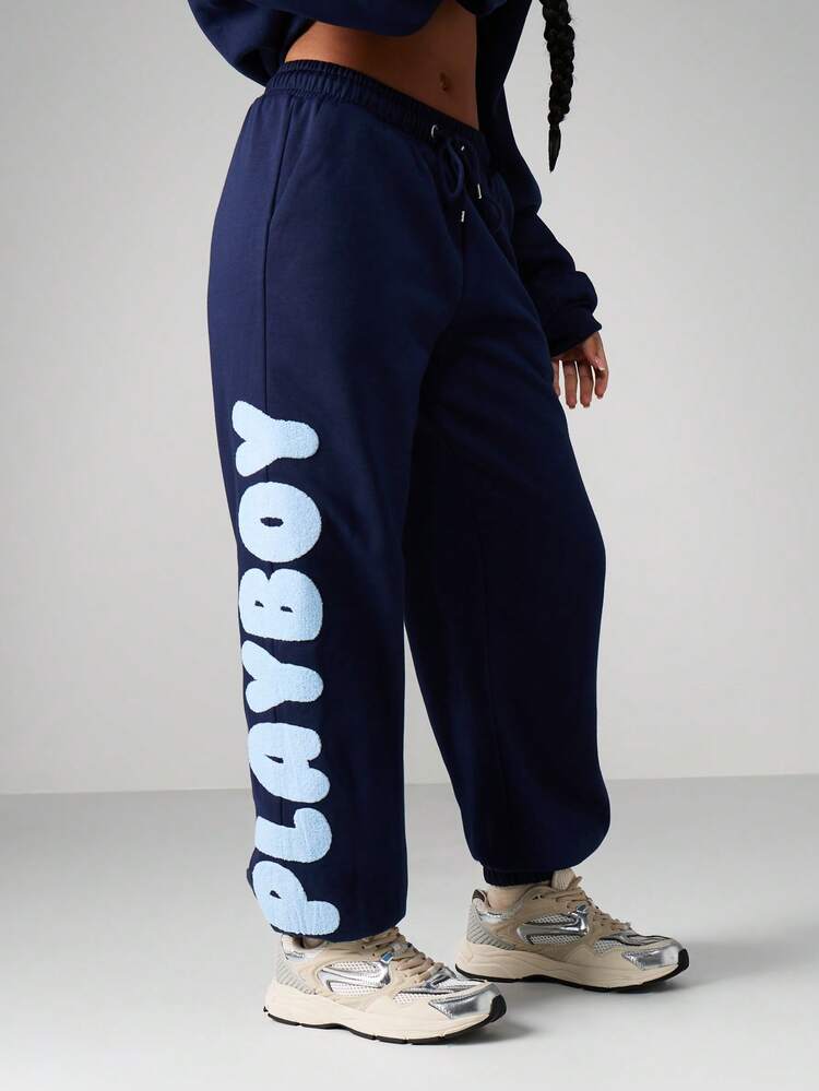 Missguided x Playboy Drawstring Sweatpants With Text Print Cuffed Joggers For Casual Winter Loungewear