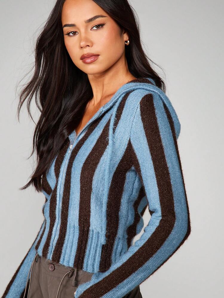 MISSGUIDED Hooded Zip Up Cable Knit Striped Cardigan With Long Sleeves Fall Winter Layering Sweater