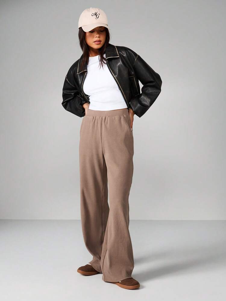 MISSGUIDED Calça Pantalona de Perna Larga Canelada para Mulheres, Cintura Alta, Casual, Loungewear, Conforto para Outono e Inverno
