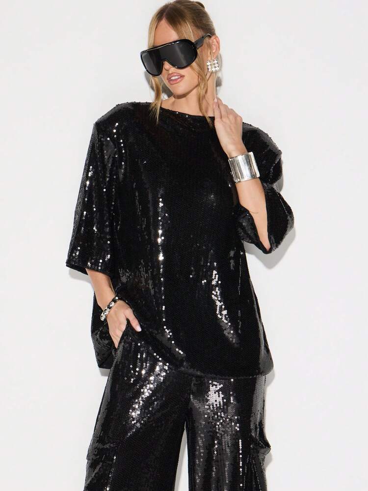 KIZN Oversized Black Sequin T-Shirt With Short Sleeves