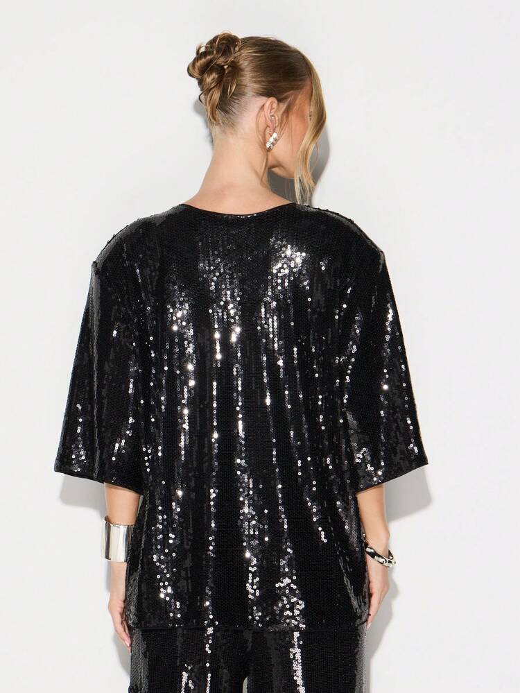 KIZN Oversized Black Sequin T-Shirt With Short Sleeves