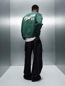 PLAYBOY X SUMWON Crop Fit Varsity Cardigan Sweatshirt With Button Front Closure And Logo Embroidery - Dark Green - View 2