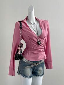 SHEIN Unity Women's Solid Color Casual Commuter Shirt, Early Autumn - Pink - View 4