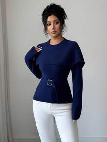 SHEIN Elenzya Áo len dài tay trơn màu thanh lịch dành cho nữ - Màu xanh lam - Xem 5