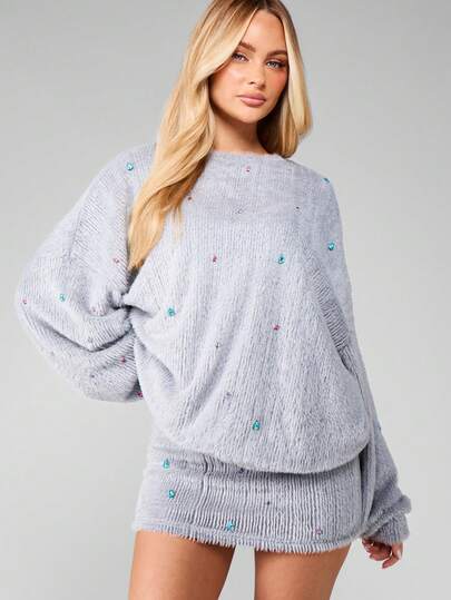 MISSGUIDED Oversized Embellished Knitted Jumper With Colorful Jewel Details Long Sleeve Sweater For Winter Fall Casual Wear