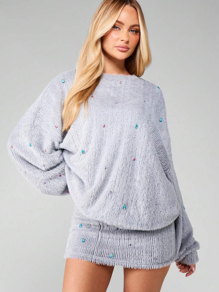 MISSGUIDED Oversized Embellished Knitted Jumper With Colorful Jewel Details Long Sleeve Sweater For Winter Fall Casual Wear