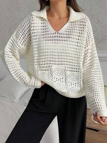 EURMUSE Damen einfarbiger Pullover mit Polokragen, Ausschnitt, Drop-Shoulder - Creme - Übersicht 1