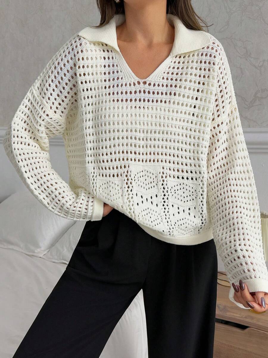 EURMUSE Damen einfarbiger Pullover mit Polokragen, Ausschnitt, Drop-Shoulder - Creme - Übersicht 1
