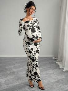 Momance 孕妇花卉印花长袖圆领连衣裙，秋季 - 彩色 - 查看 5