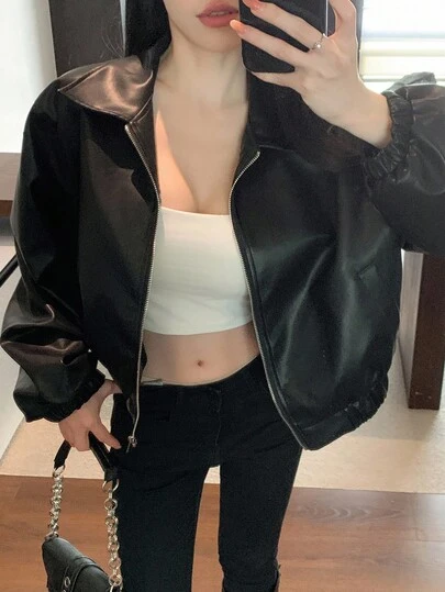 Joudiya 1件女士纯色前拉链长袖口袋简约PU皮夹克，秋季女装皮夹克