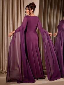 Elenzga 大码女式斜肩长袖开衩下摆修身优雅连衣裙 - 中紫紅色 - 查看 2