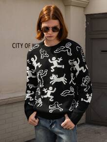 Manfinity Roghcode 男士休闲时尚街头全印花套头衫，秋冬 - 黑色 - 查看 4