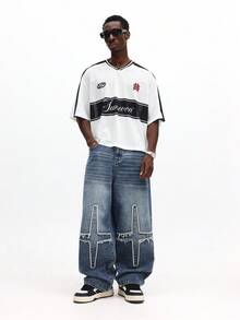 SUMWON Maglia in jersey a rete con scollo a V e maniche corte, con stampa a scritto, per abbigliamento casual estivo da strada