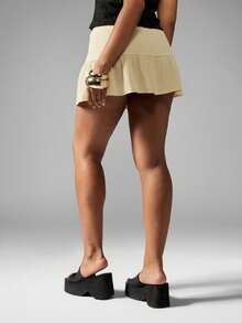 MISSGUIDED 分层亚麻迷你裙，腰部有抽绳，适合夏季海滩度假休闲装 - 奶油色 - 查看 2