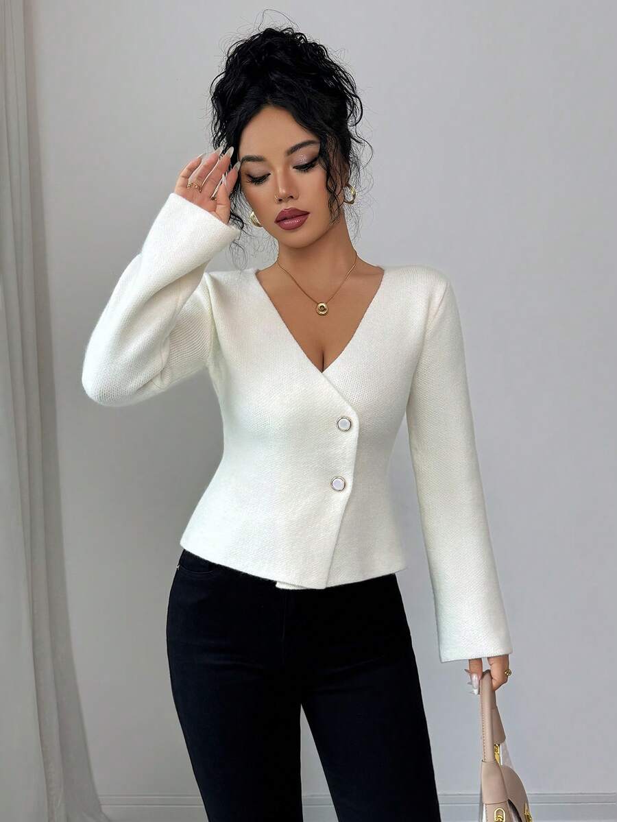 SHEIN Elenzya Fashionable Minimalist Button-Up Long Sleeve Knit Cardigan - White - View 1
