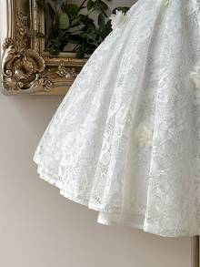 Lovelzi 优雅、奢华、高贵、宫廷风白色 3D 花卉蕾丝、鱼骨纹、深 V 领、露背、3D 花卉装饰、伞形下摆连衣裙，适合单身派对、婚礼、毕业典礼、度假、新娘送礼会 - 白色 - 查看 5