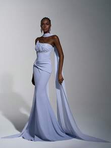 Elitara Elegant Greyish Blue Knitted Stretchy Rhinestone Embellished Sequin Trailing Formal Dinner Dress, Minimalist Wedding Event Birthday Party Gown - Dusty Blue - View 7