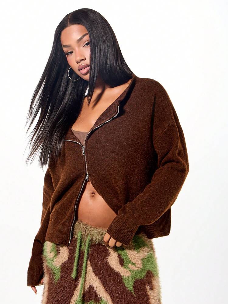 SUMWON Oversized Off Shoulder Zip Through Cardigan With Hood For Fall Winter Cozy Layering