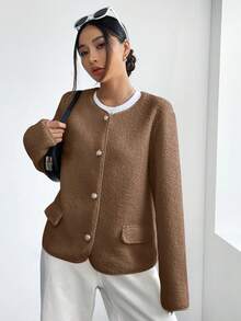 SHEIN Unity Women's Casual Loose Solid Color Long Sleeve Front Button Jacket - Brown - View 6