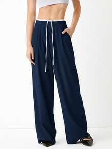 SHEIN EZwear Women's Navy Blue Patchwork Casual Pants, Women's Spring/Autumn Casual Drawstring Pocket Wide Leg Navy Blue Loose Trousers, Casual Daily Wear - Navy Blue - View 5