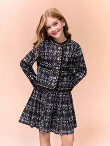 Tween Girl Plaid Contrast Mesh Frill Trim Jacket And Mini Skirt Fashion Set
