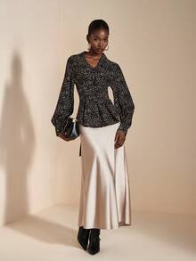 JIAN LASALA Blusa casual da donna con stampa a pois su tutto il capo, maniche a palloncino, vita con laccio incrociato, elegante e di stile luxury