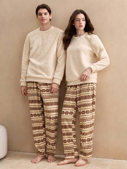 SHEIN EverLounge Old Money Men's Plush Long Sleeve Top & Pants Pajama Set, Autumn Winter Autumn For Men Going Out Plaid Baggy Casual Retro, Fall Clothes