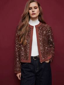 Maija Women's Fashionable Street Sequin Contrast Binding Open Front Coat Autumn For Women Halloween Costumes Christmas Women's New Year - Brown - View 1