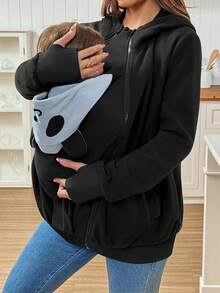 SHEIN Maternity Cartoon Pattern Zip-Up Hooded 3-In-1 Jacket