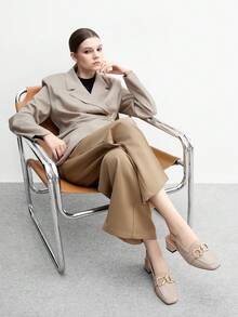 CUCCOO BIZCHIC 杏仁形方头粗跟金属扣带露跟高跟鞋，时尚简约女士高跟鞋，适合度假、通勤、复古风格 - 杏色 - 查看 10