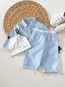 3 件套女婴条纹衬衫、松紧腰裤和吊带背心，春夏 - 藍色 - 查看 4